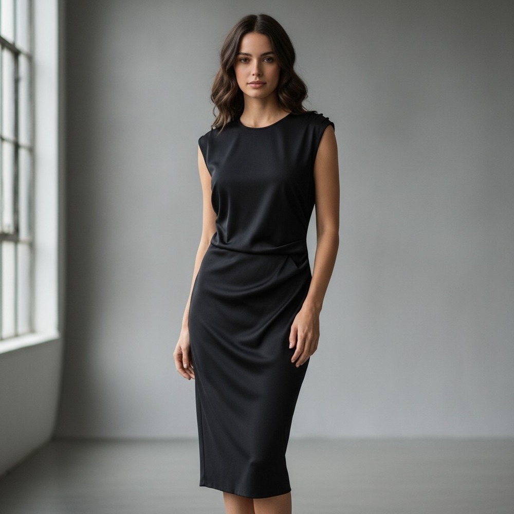 Holzweiler Isabell Dress Black Viscose Sleeveless Draped Midi Womens Size Medium